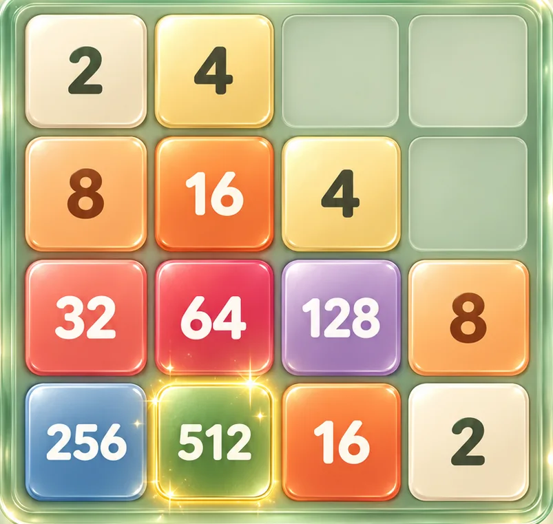 Illustrated 2048 board with open squares at the upper right and 256 and 512 on the bottom row