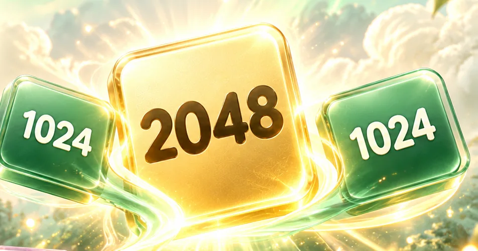Due tessere verdi 1024 accanto a una 2048 dorata rappresentano la fusione finale
