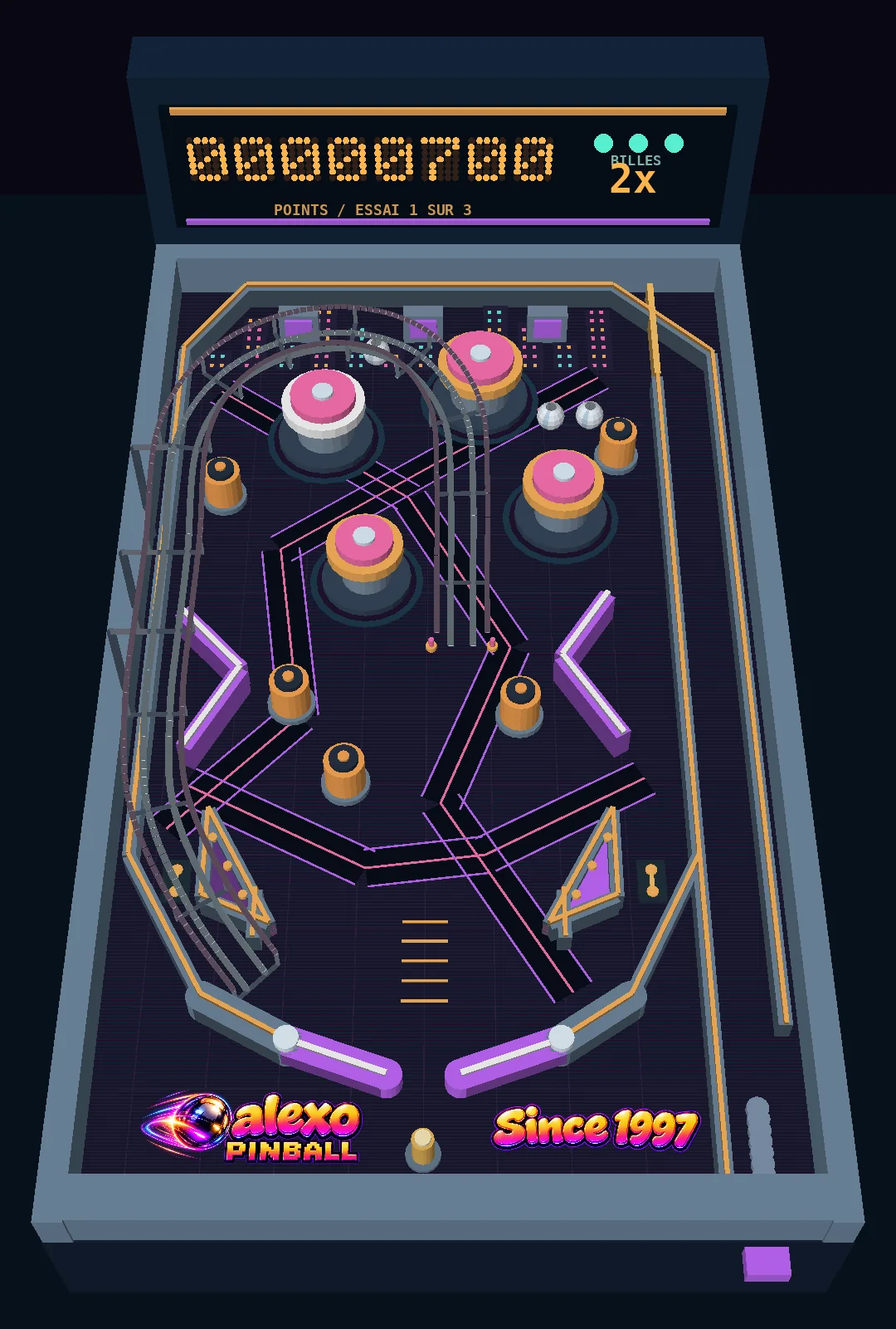 Multibille simulé d’ALEXO PINBALL avec trois billes actives et multiplicateur 2x.