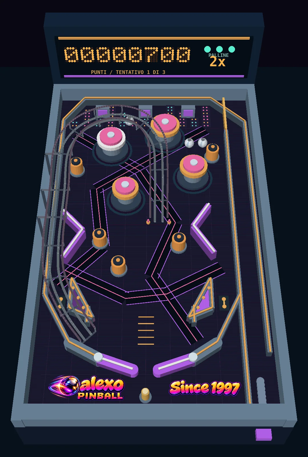 Multiball simulato di ALEXO PINBALL con tre palline attive e moltiplicatore 2x.
