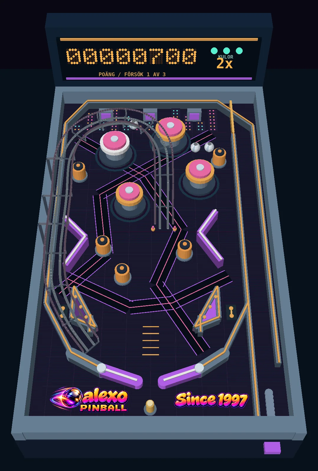 Simulerad ALEXO PINBALL-multiball med tre aktiva kulor och multiplikator 2x.