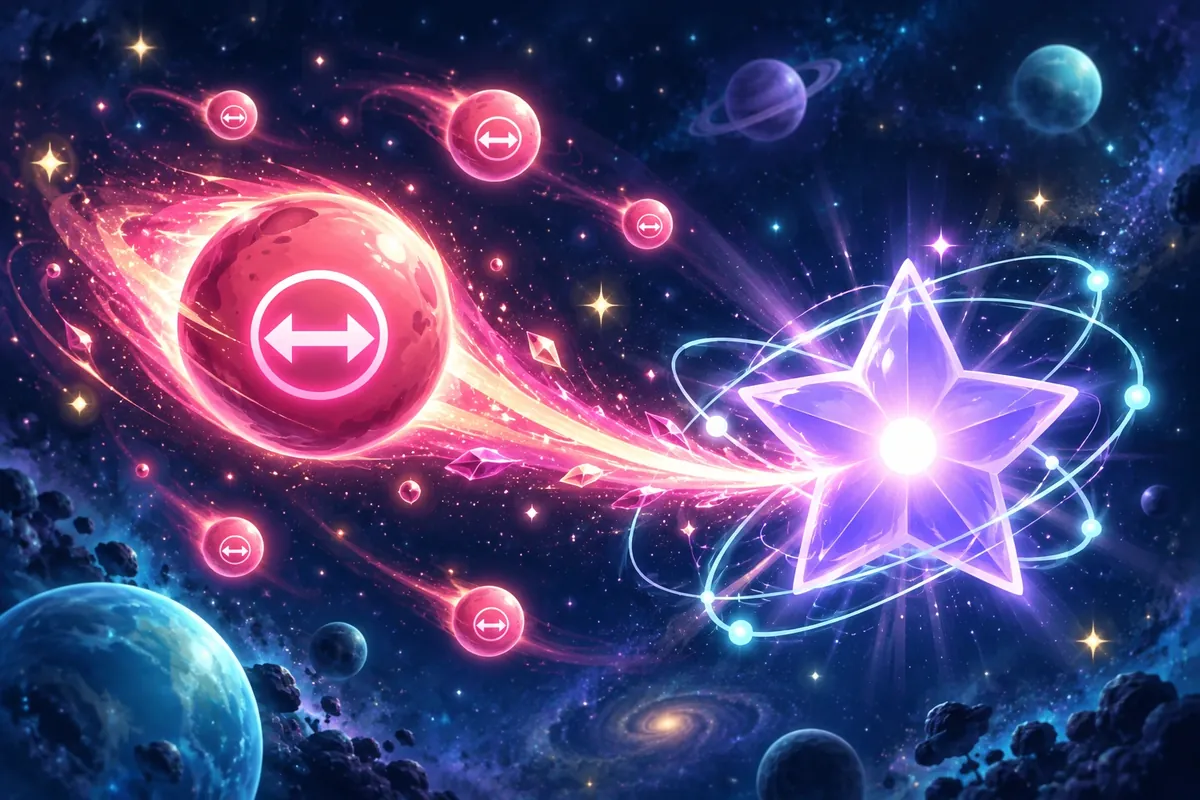 A pink comet object with a horizontal line marker beside a violet supernova with glowing energy rings.