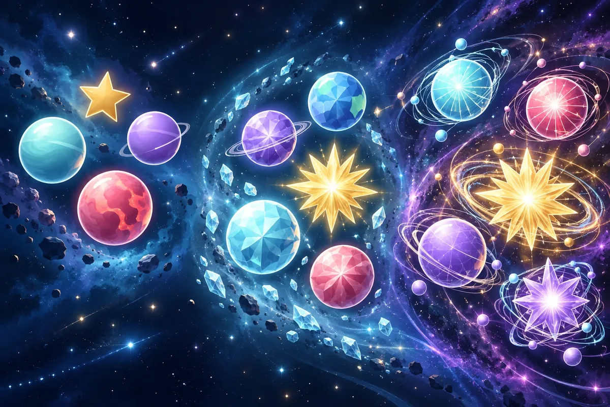 Pianeti semplici diventano forme cristalline e mondi dettagliati con anelli e piccole lune.