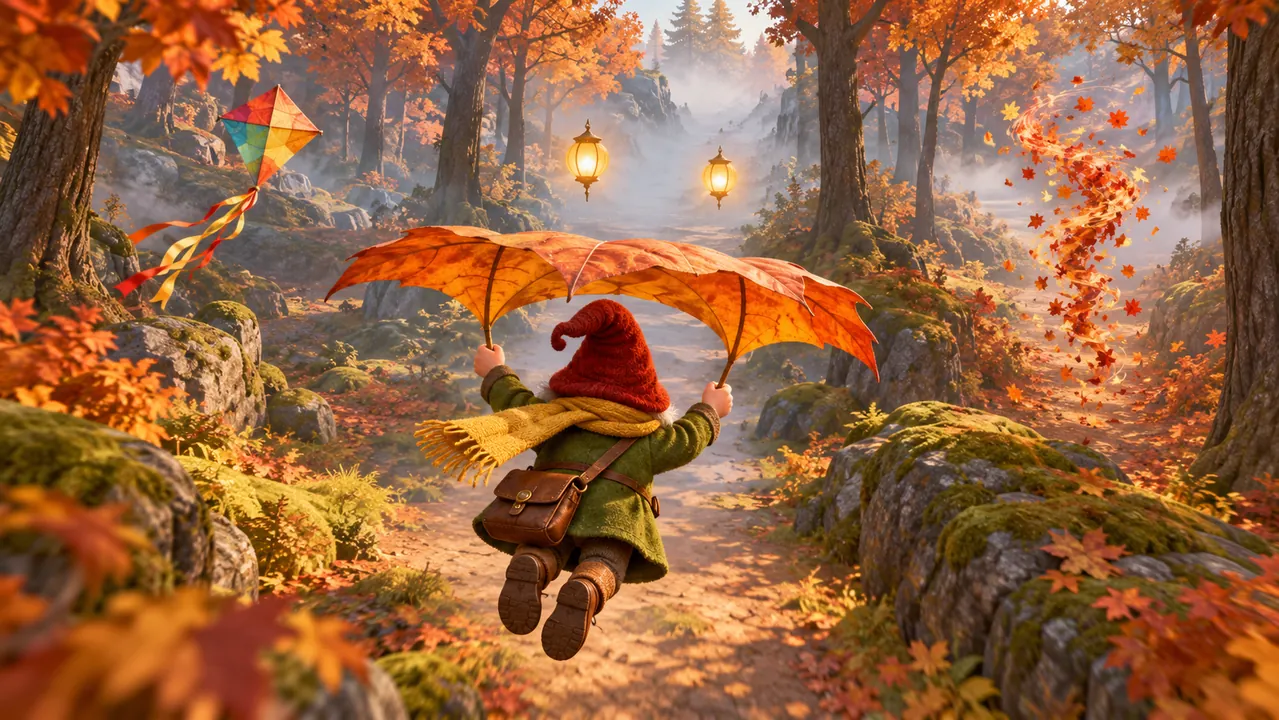 Illustration: Milo takes the middle route between a kite and a leaf whirl, following lanterns through light mist.