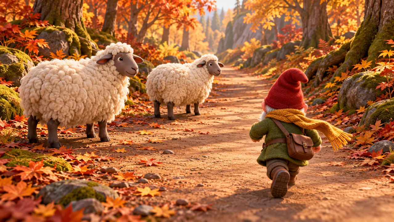 Ilustracja: Milo biegnie na prawo od dwóch owiec i korzysta z wolnej części leśnej ścieżki.