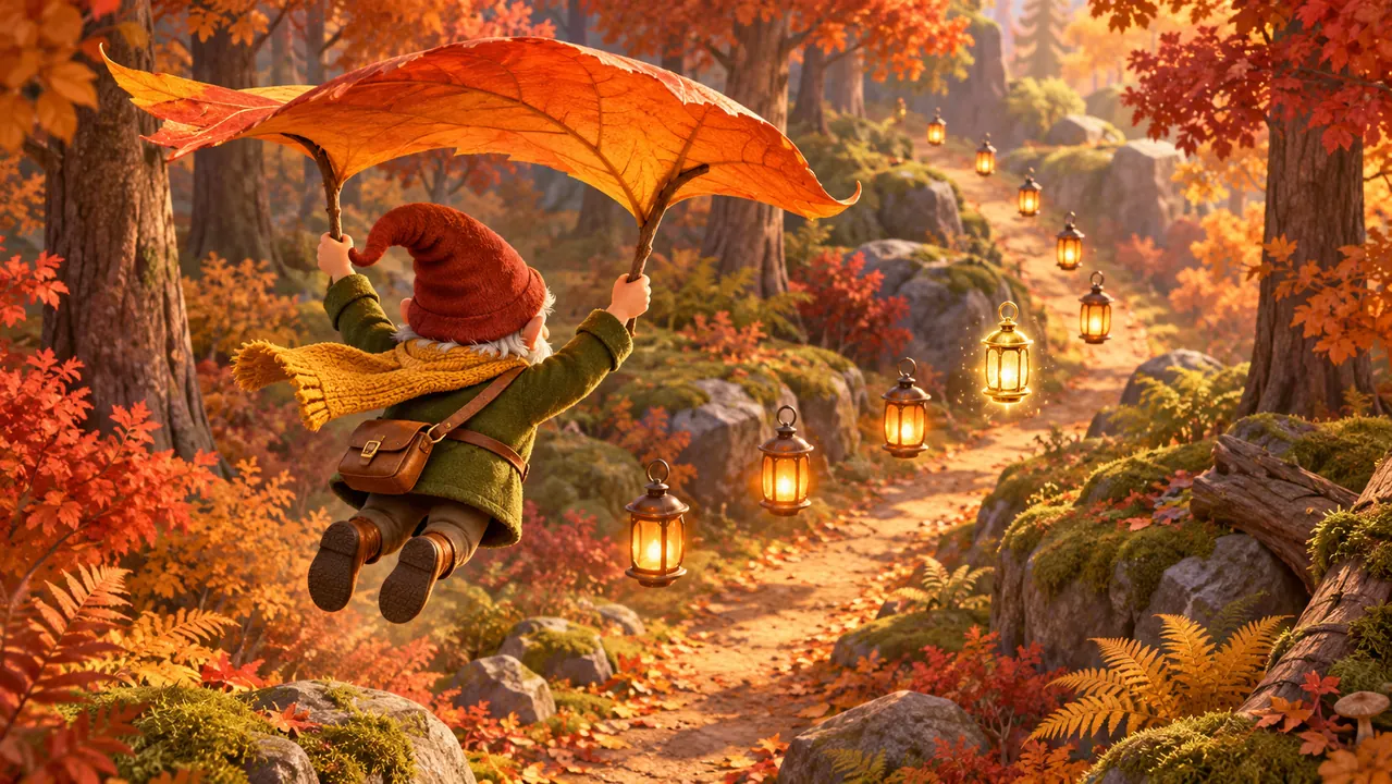 Illustration: Milo glider under ett orange löv mot vanliga lyktor och en gyllene lykta.