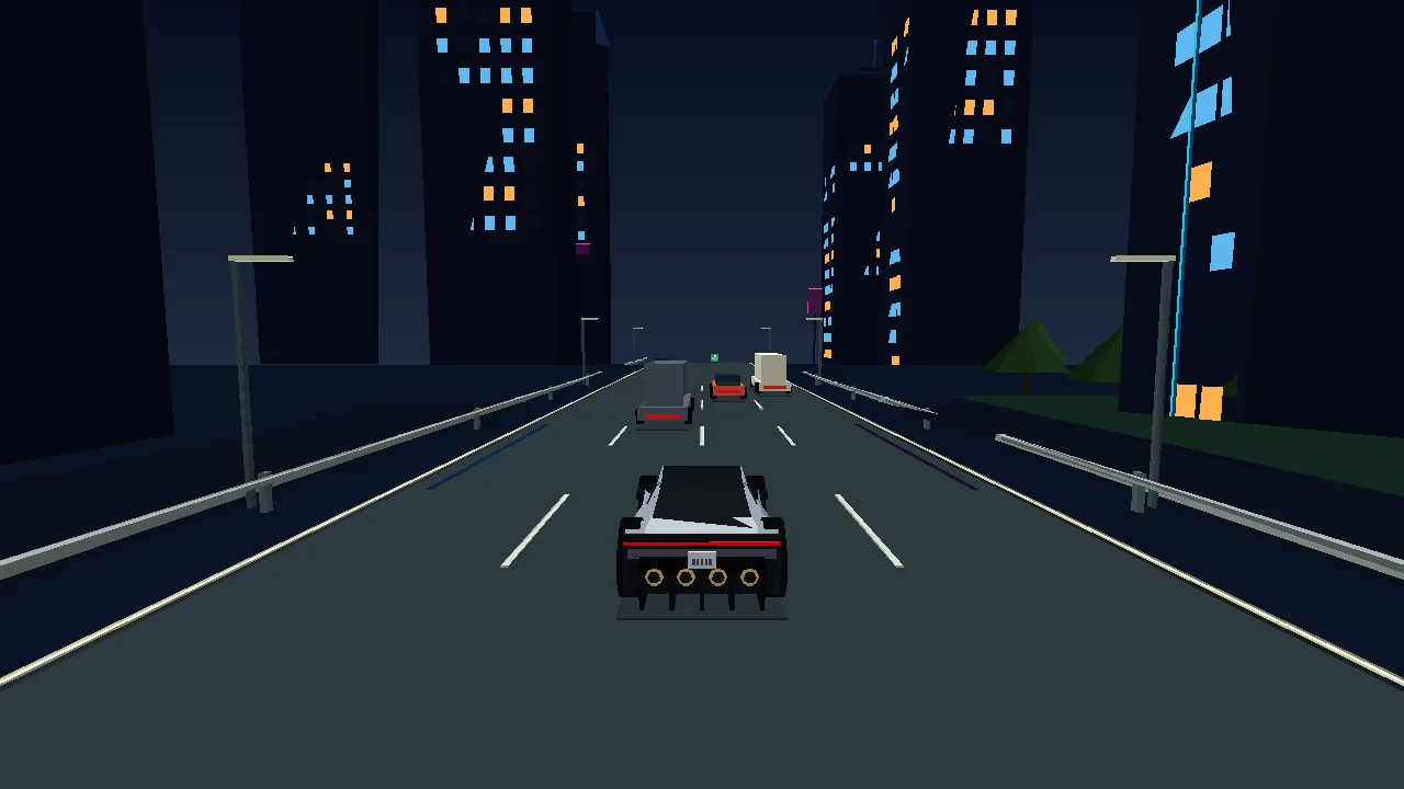 Roadster argentata davanti ad auto e camion su un'autostrada urbana di notte