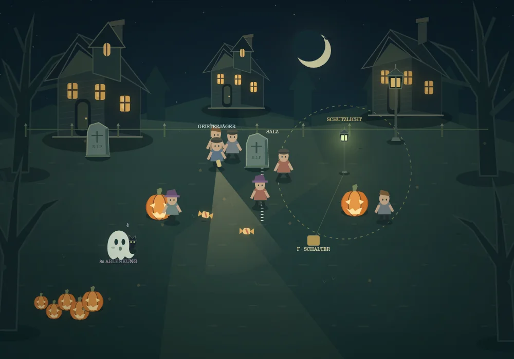 Ghost beside an activated yarn ball and distracted cat, with a protective lantern on the right
