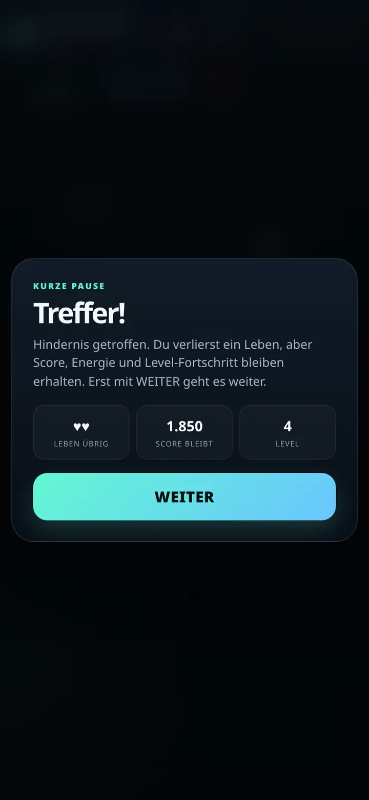 NEON SNAKE Trefferpause nach einer Hinderniskollision mit zwei verbleibenden Leben, erhaltenem Score und Weiter-Button