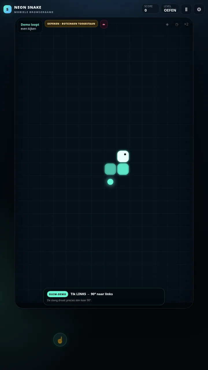NEON SNAKE training met duimbesturing, grote zones voor links en rechts draaien en een uitleg op het mobiele speelveld
