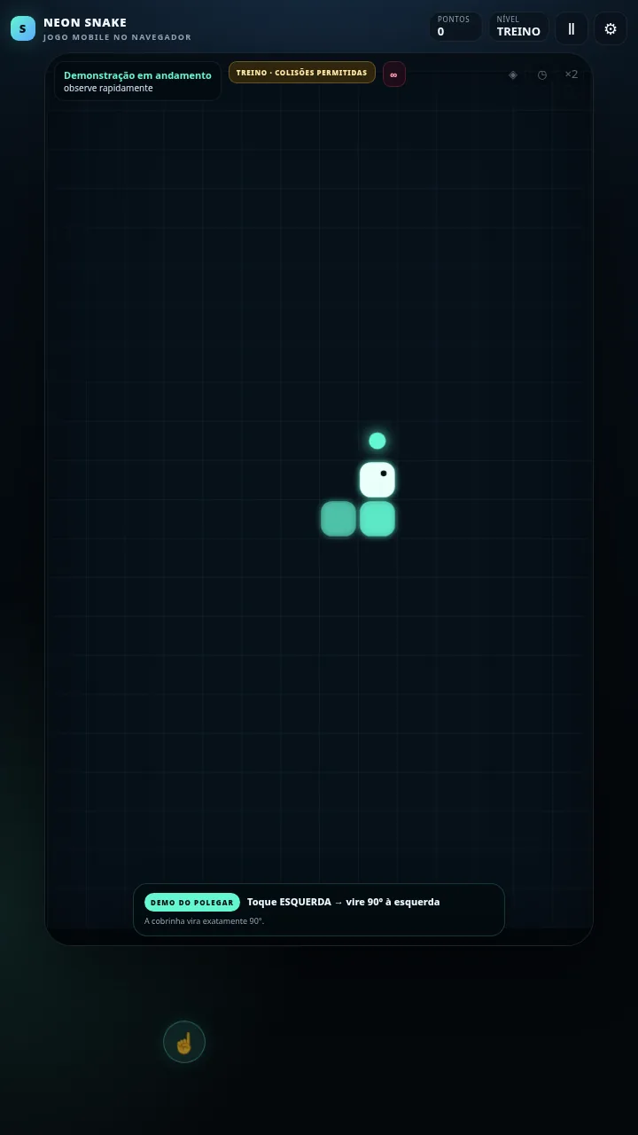 Treino de NEON SNAKE no celular com controle de polegar, áreas grandes para virar à esquerda e à direita e demonstração no navegador