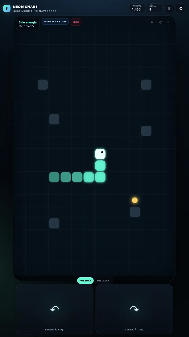 NEON SNAKE no nível 4 com cobrinha mais longa, obstáculos fixos e power-up de escudo na grade