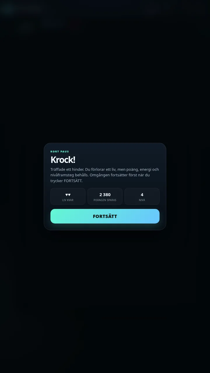 NEON SNAKE paus efter en krock med två liv kvar, bevarade poäng och knappen Fortsätt