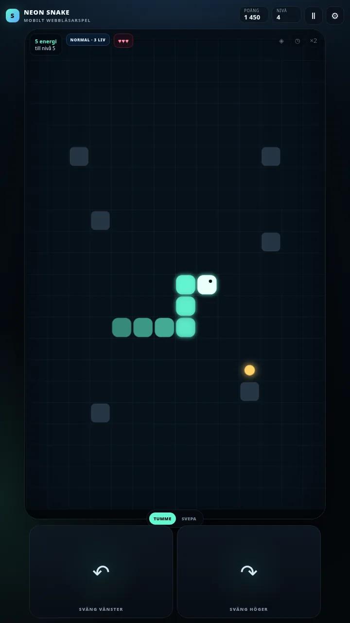 NEON SNAKE nivå 4 med en längre orm, fasta hinder och en sköld-power-up på rutnätet