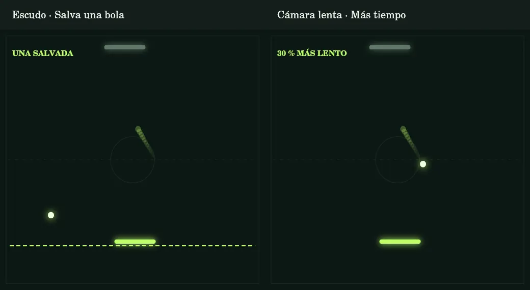 Escudo y cámara lenta ayudan de forma diferente: rescate único o pelota más lenta.