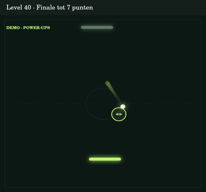 De level-40-demo toont een finale en power-ups; baleffecten beginnen bij 50.