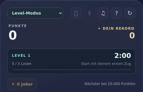 Prism Blocks status panel: level 1, two minutes, a three-line target, score, personal best and joker counter