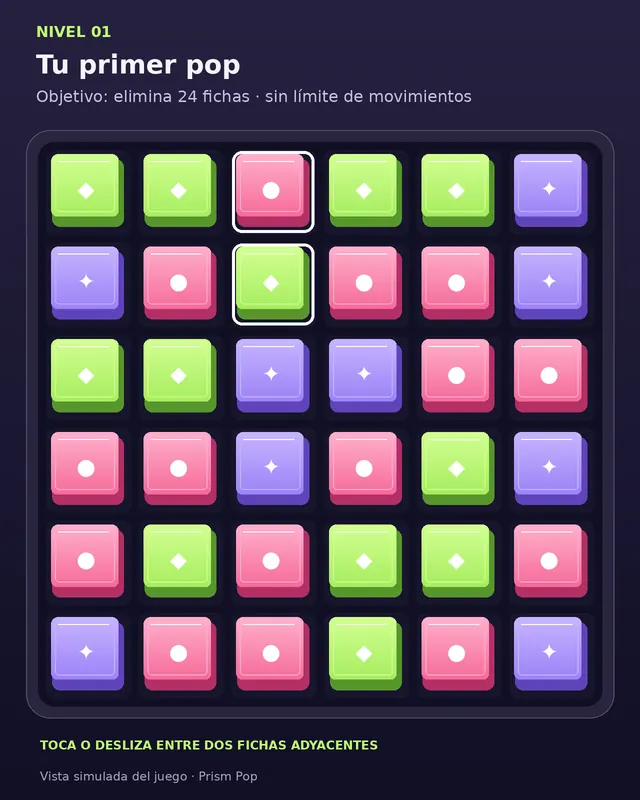Vista simulada del primer nivel de Prism Pop con fichas grandes de colores y un intercambio sugerido resaltado