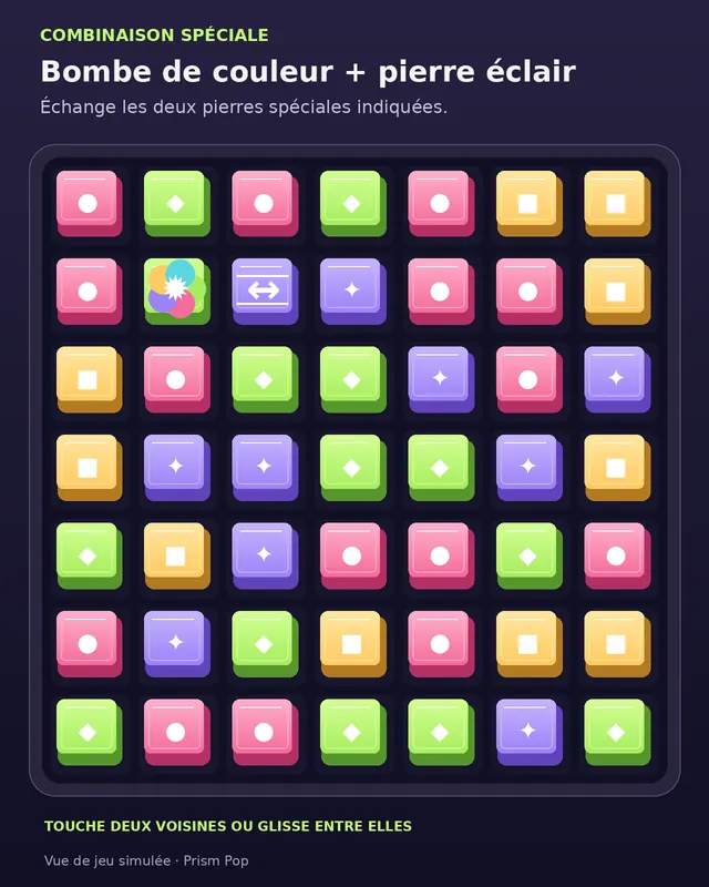 Situation de jeu Prism Pop simulée avec une bombe de couleur voisine d’une pierre éclair