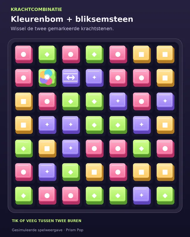 Gesimuleerde Prism Pop-spelsituatie met een kleurenbom en een bliksemsteen naast elkaar