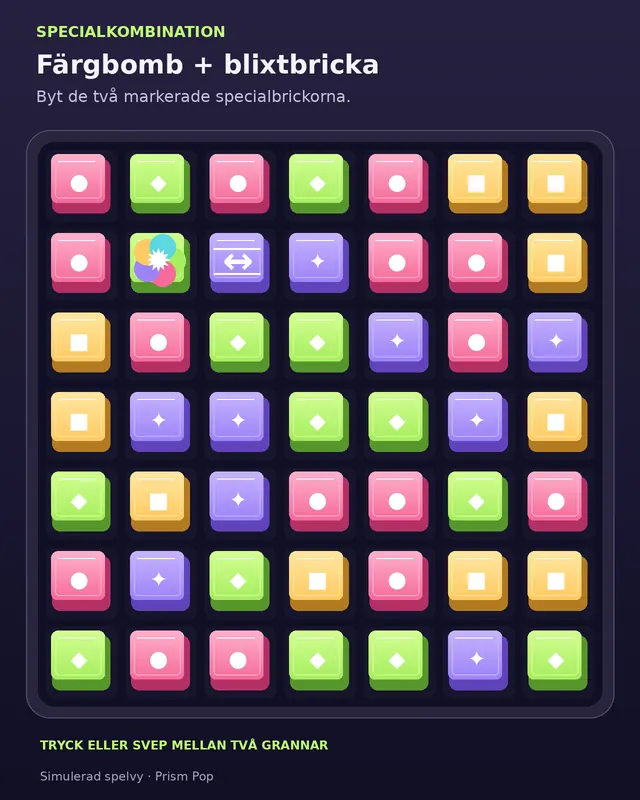 Simulerad Prism Pop-spelsituation med en färgbomb intill en blixtbricka