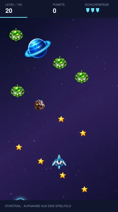 Startrail scene with a blue spaceship, asteroid, ringed planet, green alien ships and golden stars