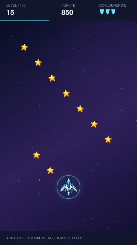 Blue Startrail spaceship surrounded by a turquoise energy shield among golden stars