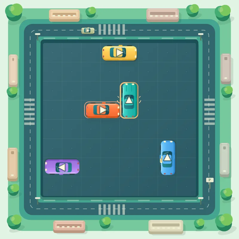 La voiture orange freine devant la turquoise lors d’une tentative bloquée dans Tiny Traffic.