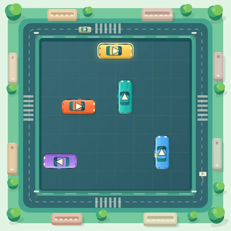 Bana 1 i Tiny Traffic där ledtråden markerar den gula bilen med fri väg åt höger.